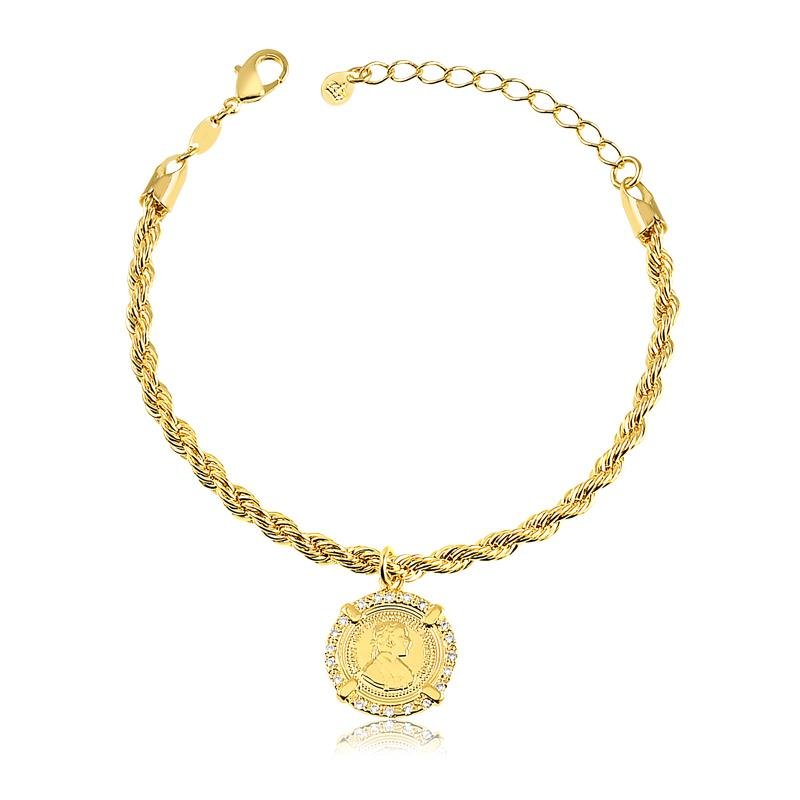 PULSEIRA CORDÃO BAIANO COM PINGENTE MOEDA COM DETALHES EM ZIRCÔNIAS FOLHEADA A OURO 18K