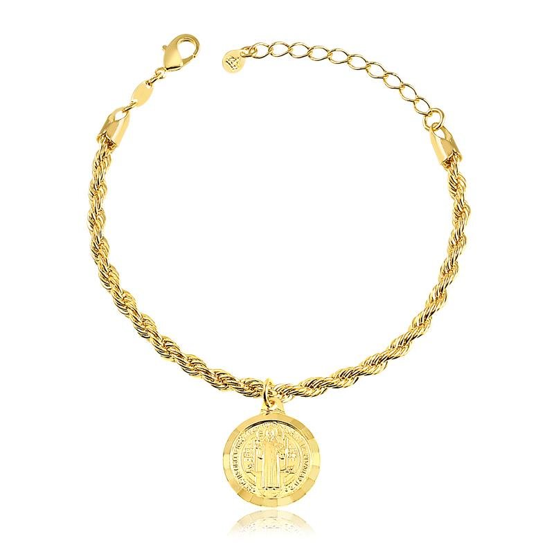 PULSEIRA CORDÃO BAIANO COM PINGENTE SÃO BENTO DIAMANTADO EM SEU CONTORNO FOLHEADA A OURO 18K