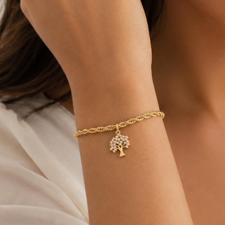 PULSEIRA ÁRVORE DA VIDA FOLHEADO A OURO 18K