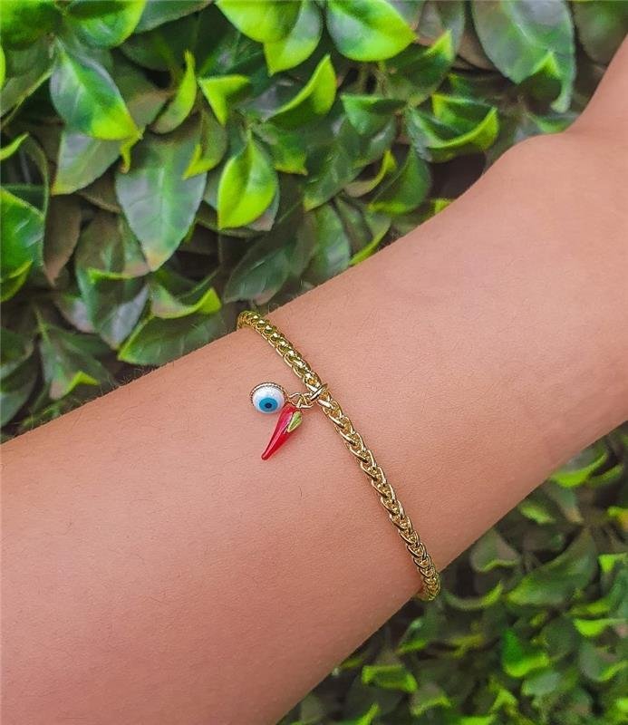 PULSEIRA ITALIANA OLHO GREGO E PIMENTA FOLHEADA A OURO 18K