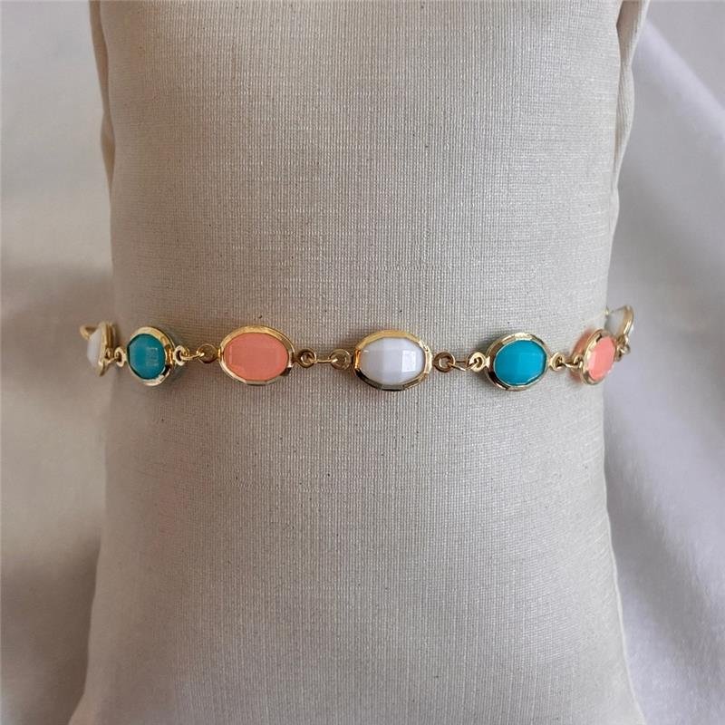 PULSEIRA PEDRAS COLORIDAS FOLHEADA A OURO 18K