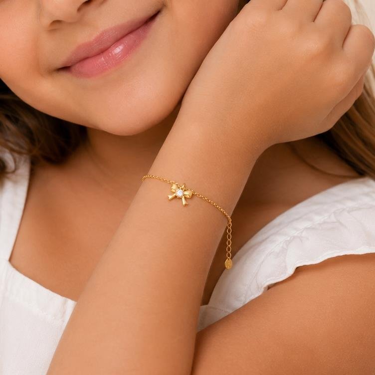PULSEIRA INFANTIL LAÇO E PONTO DE LUZ FOLHEADO OURO 18K