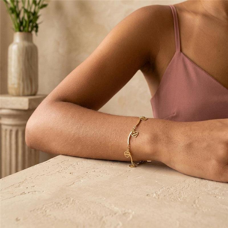 PULSEIRA ELOS COM PINGENTES CORAÇÃO AMOR FOLHEADA A OURO 18K