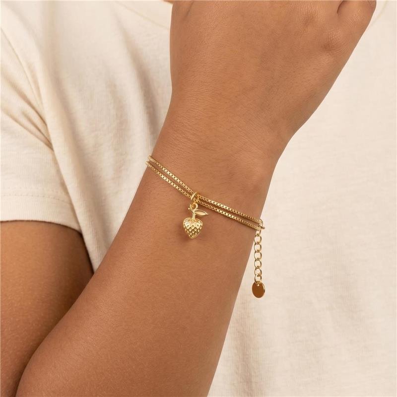 PULSEIRA INFANTIL DUPLA VENEZIANA COM PINGENTE MORANGO FOLHEADA A OURO 18K