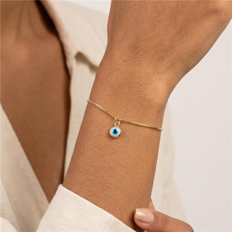 PULSEIRA CORRENTE VENEZIANA COM PINGENTE OLHO GREGO REDONDO FOLHEADO A OURO 18K
