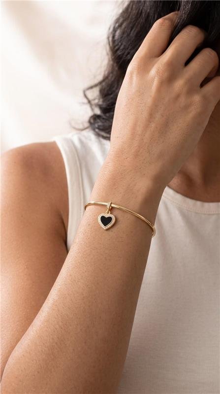 BRACELETE RÍGIDO CORAÇÃO NEGRO CRAVEJADO FOLHEADO A OURO 18K