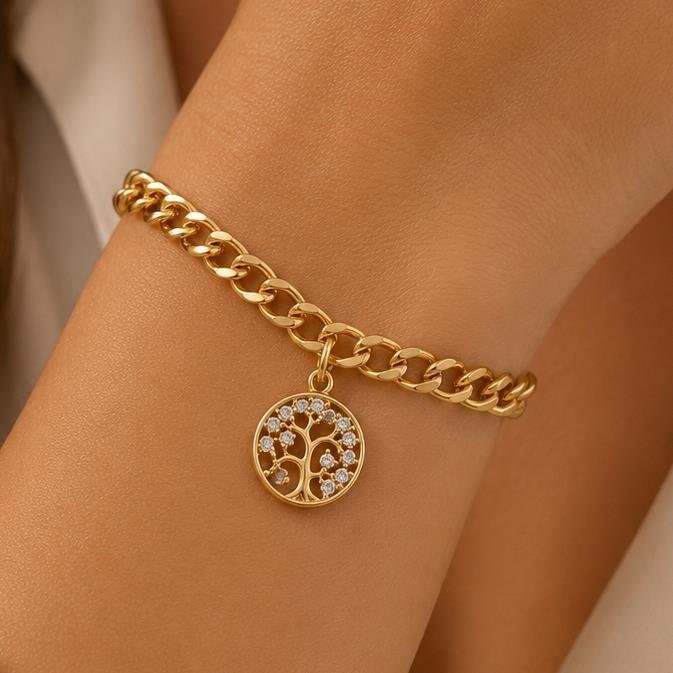 PULSEIRA ELOS ÁRVORE DA VIDA FOLHEADA A OURO 18K 