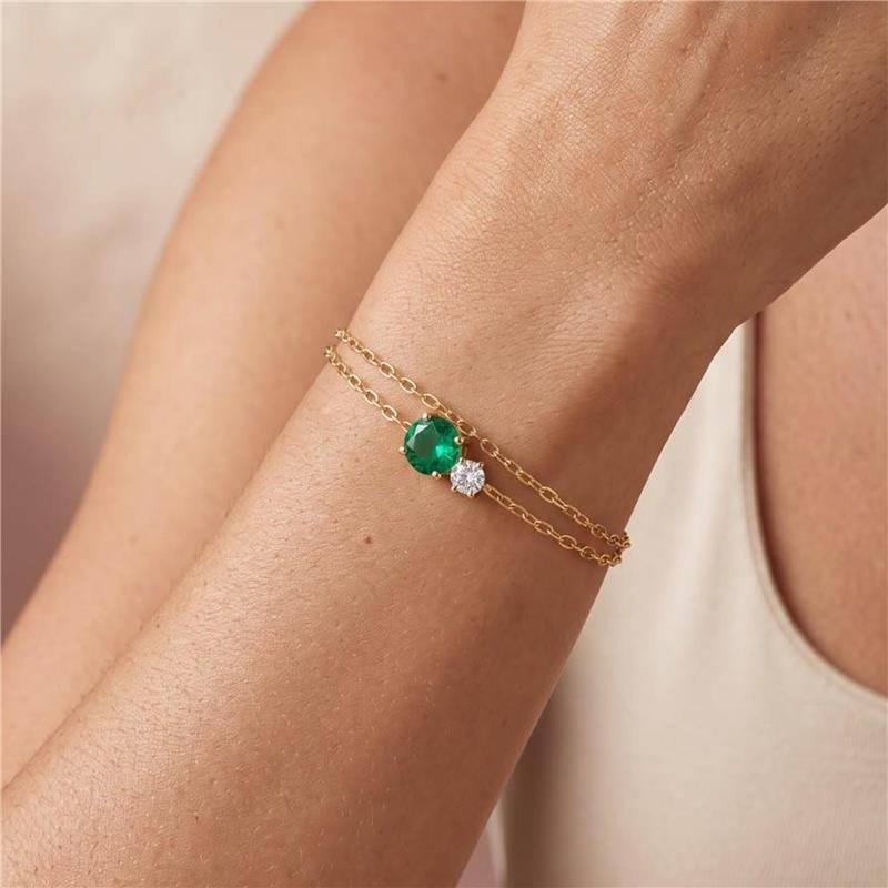 PULSEIRA DUPLA PONTO DE LUZ VERDE FOLHEADA A OURO 18K 