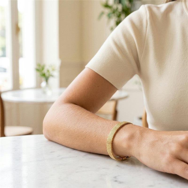 PULSEIRA MALHA COM FECHO RELÓGIO FOLHEADA A OURO 18K 