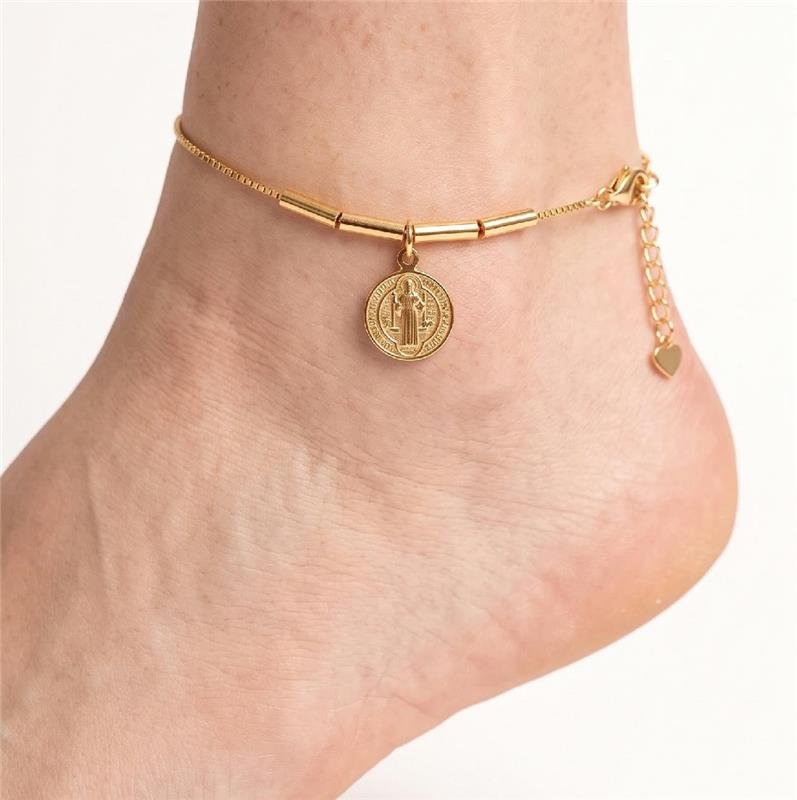 TORNOZELEIRA SÃO BENTO FOLHEADA A OURO 18K