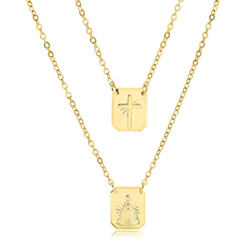 COLAR DUPLO NOSSA SENHORA APARECIDA FOLHEADO A OURO 18K