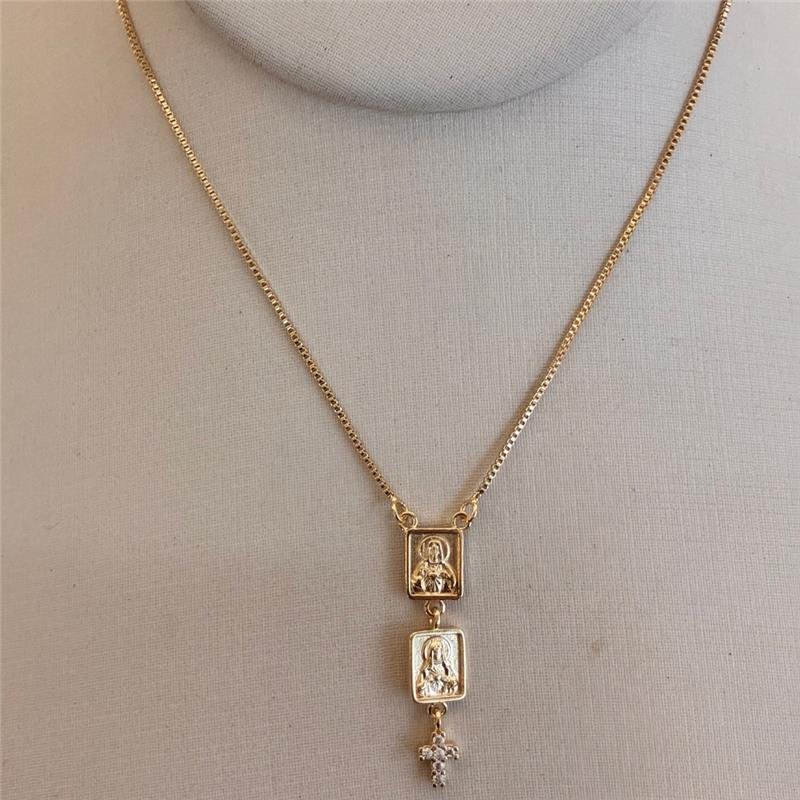 ESCAPULÁRIO COM SAGRADO CORAÇÃO DE JESUS COM CRUZ EM ZIRCÔNIAS FOLHEADO EM OURO 18K 