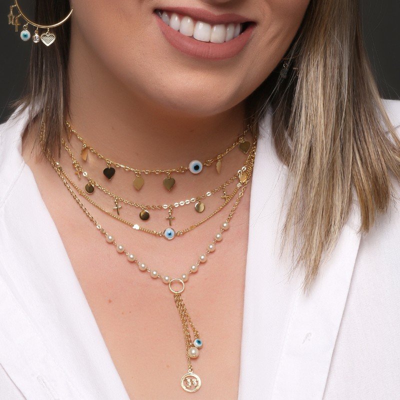 COLAR COM CHAPINHAS E CRUZ FOLHEADO A OURO 18K